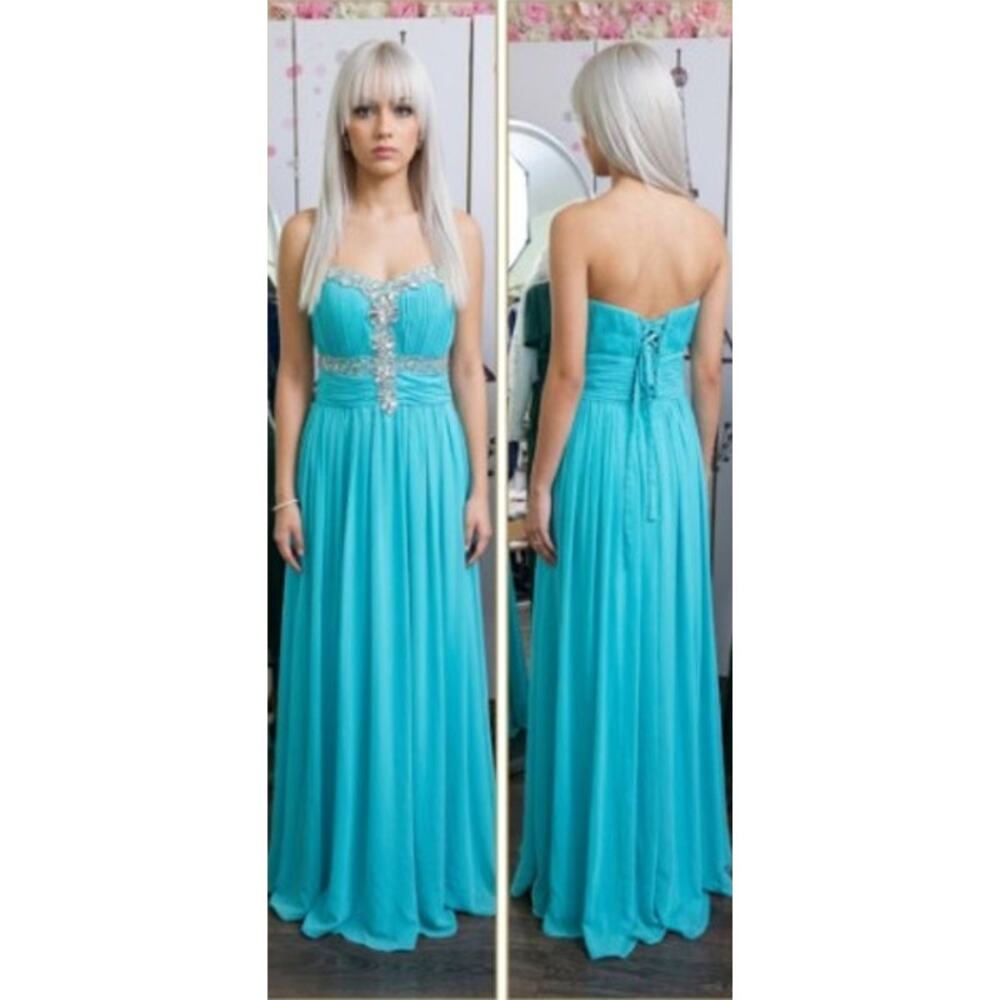#102 MSRP $368 NWOT EVA USA TURQUOISE STRAPLESS RHINESTONE GOWN ♡SIZE M Jr.♡